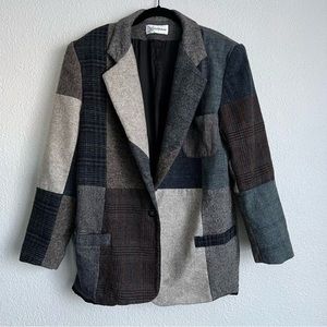 Vintage VP Collections Men's Patchwork Blazer Jacket Size L Gray Blue Brown Wool